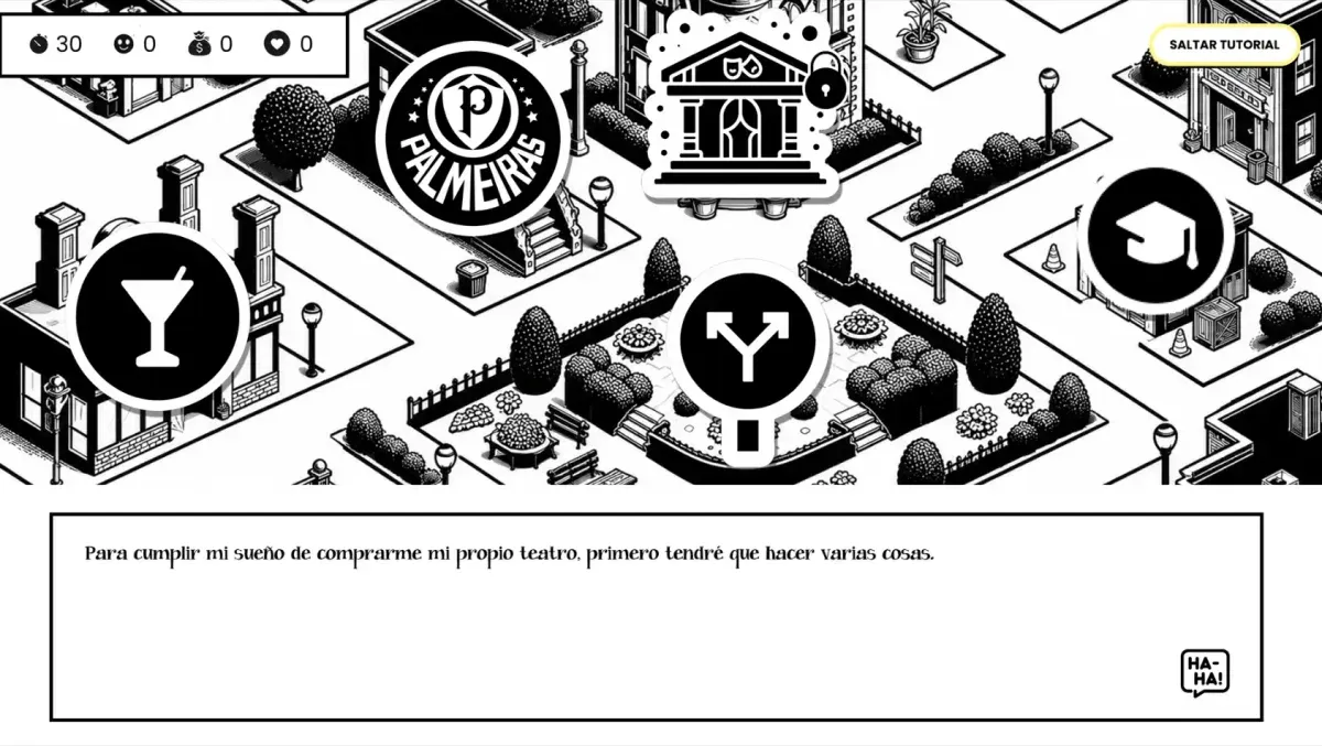 Interfaz de game jam: mapa isométrico de ciudad con HUD de estadísticas, marcadores de ubicación y un cuadro de diálogo de tutorial