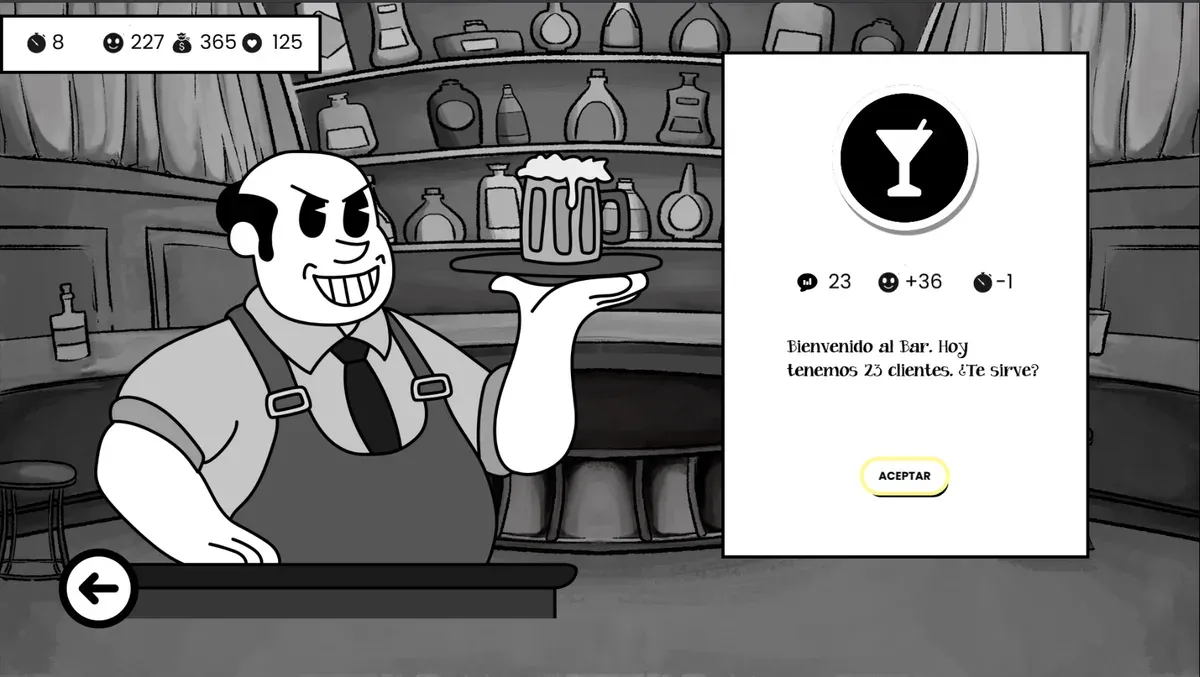 Interfaz de game jam: escena con el personaje del barman y una tarjeta modal mostrando las recompensas de estadísticas y la acción de aceptar