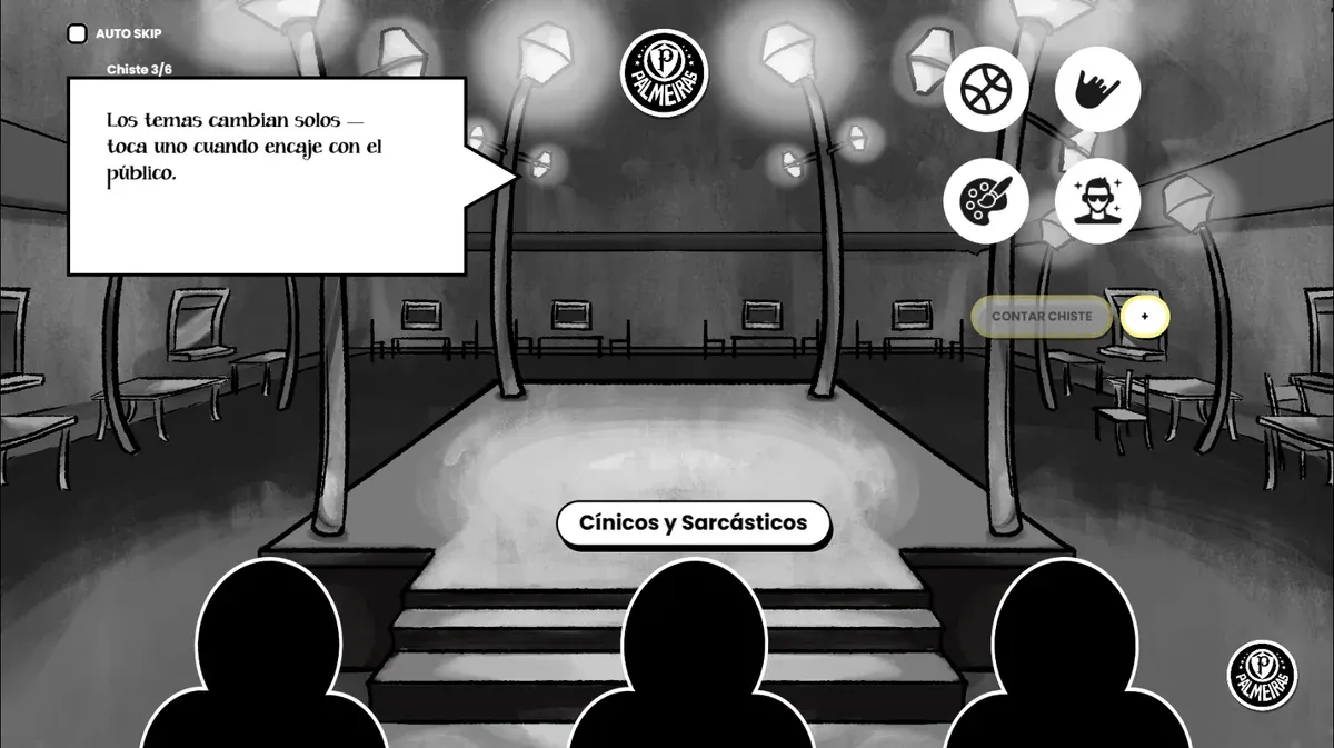 Interfaz de game jam: escenario iluminado en una plaza al aire libre mostrando la etiqueta del tipo de público y el selector de rasgos