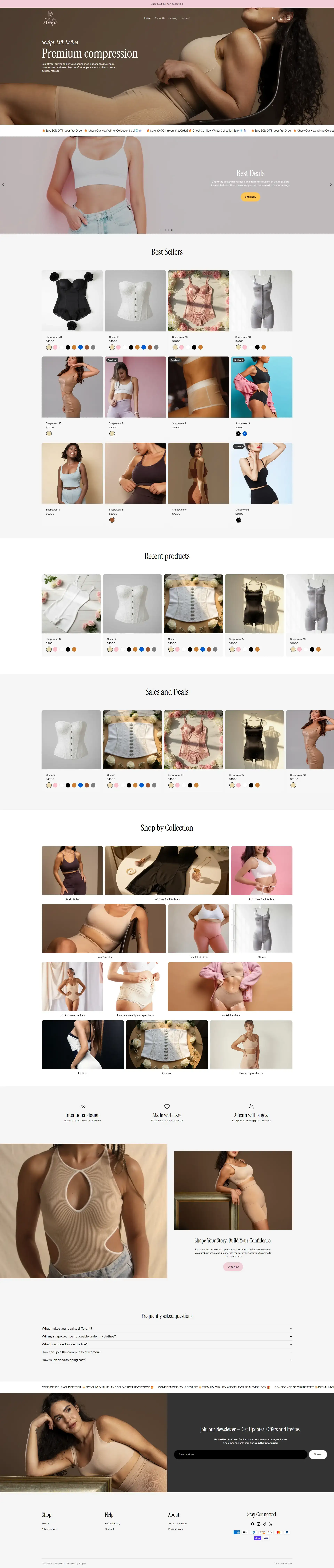 Shopify home page with a minimalist layout and featured products for a shapewear brand.