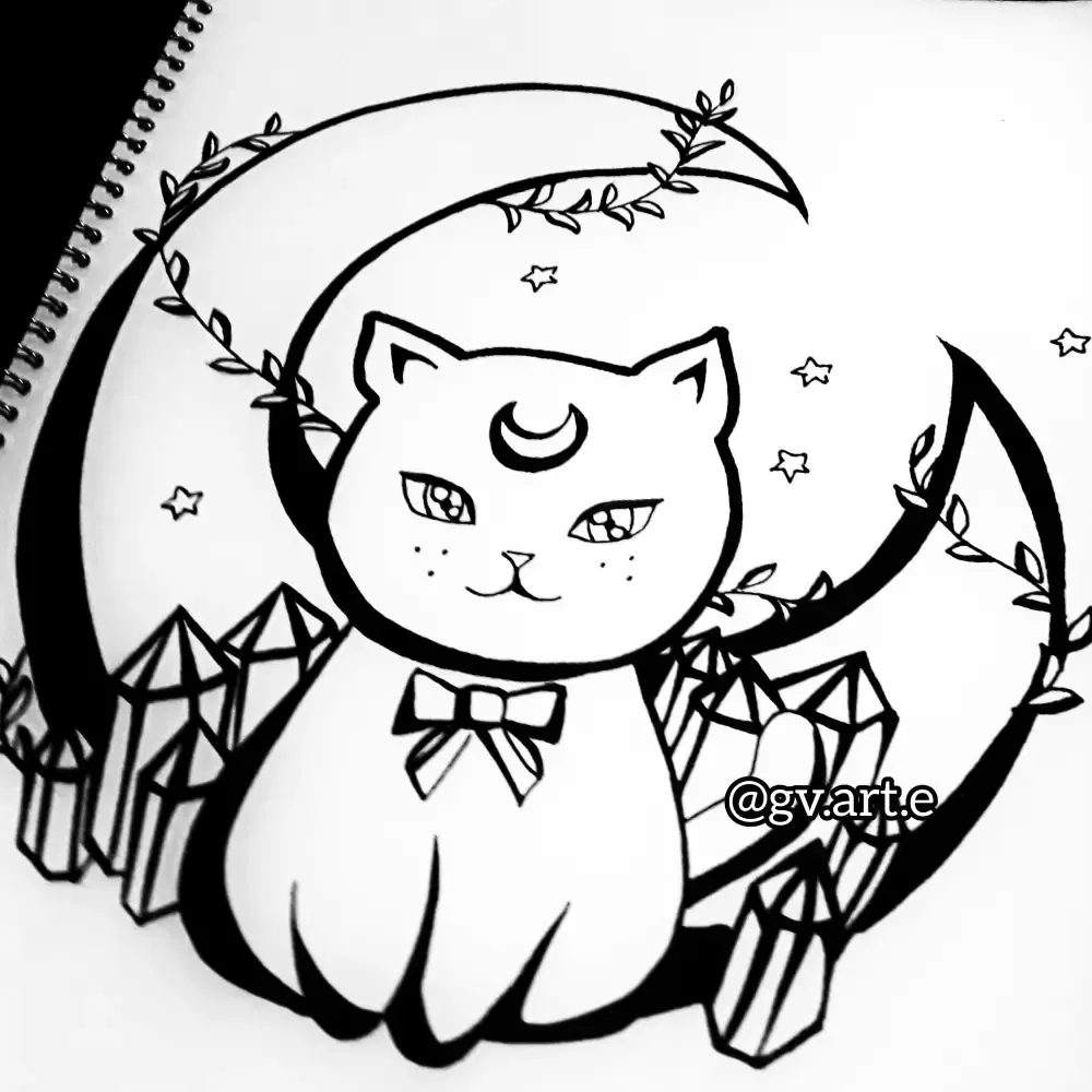 Line art limpio hecho a mano de un gato sentado dentro de una luna creciente con cristales y estrellas, pensado como recurso web