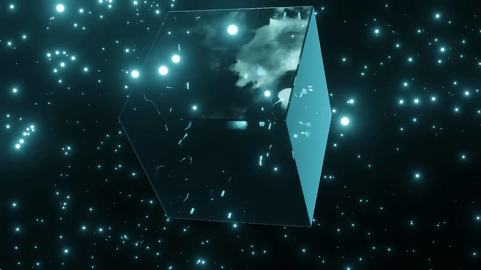 Sci-fi ice cube 3D model glowing with blue neon energy inside, view 3