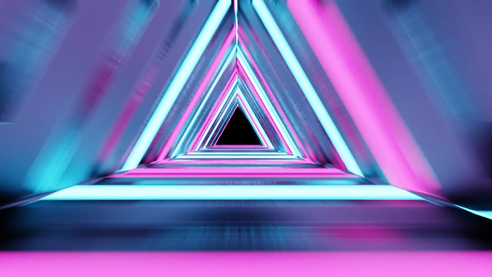 Animated neon triangle tunnel 3D model in pink and blue, with a retro synthwave look, view 2