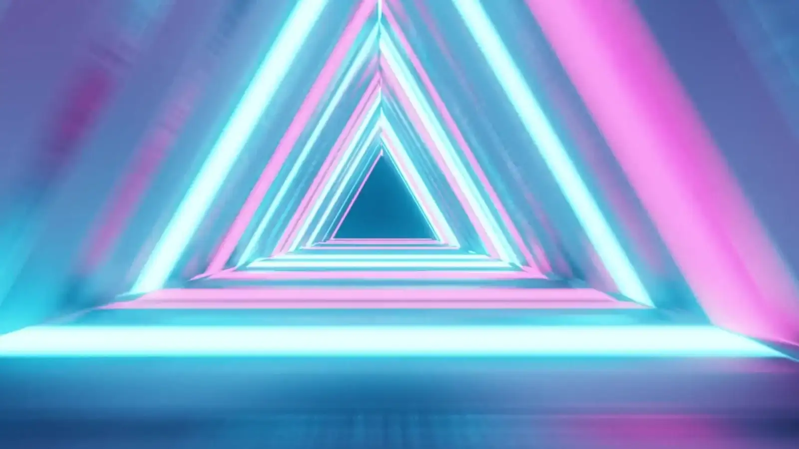 Animated neon triangle tunnel 3D model in pink and blue, with a retro synthwave look, view 3