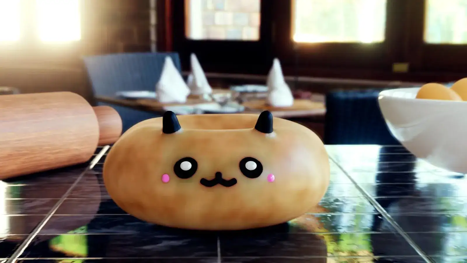 Cute panda donut restaurant 3D scene with kitchen props and soft lighting, view 2