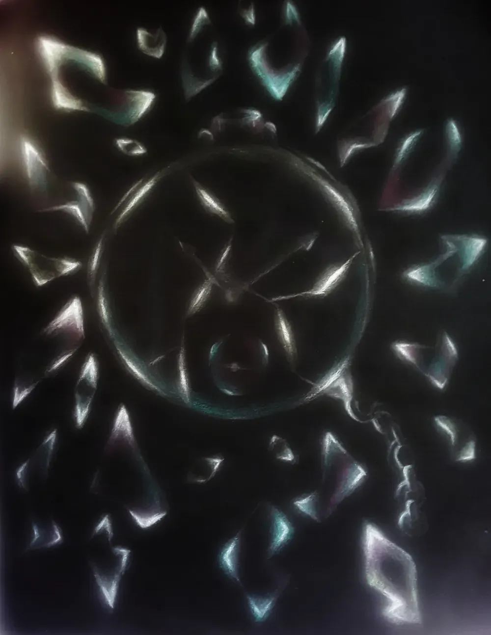 Dibujo a pastel sobre papel negro de un reloj de bolsillo rompiéndose, con las esquirlas suspendidas alrededor atrapando luz de color