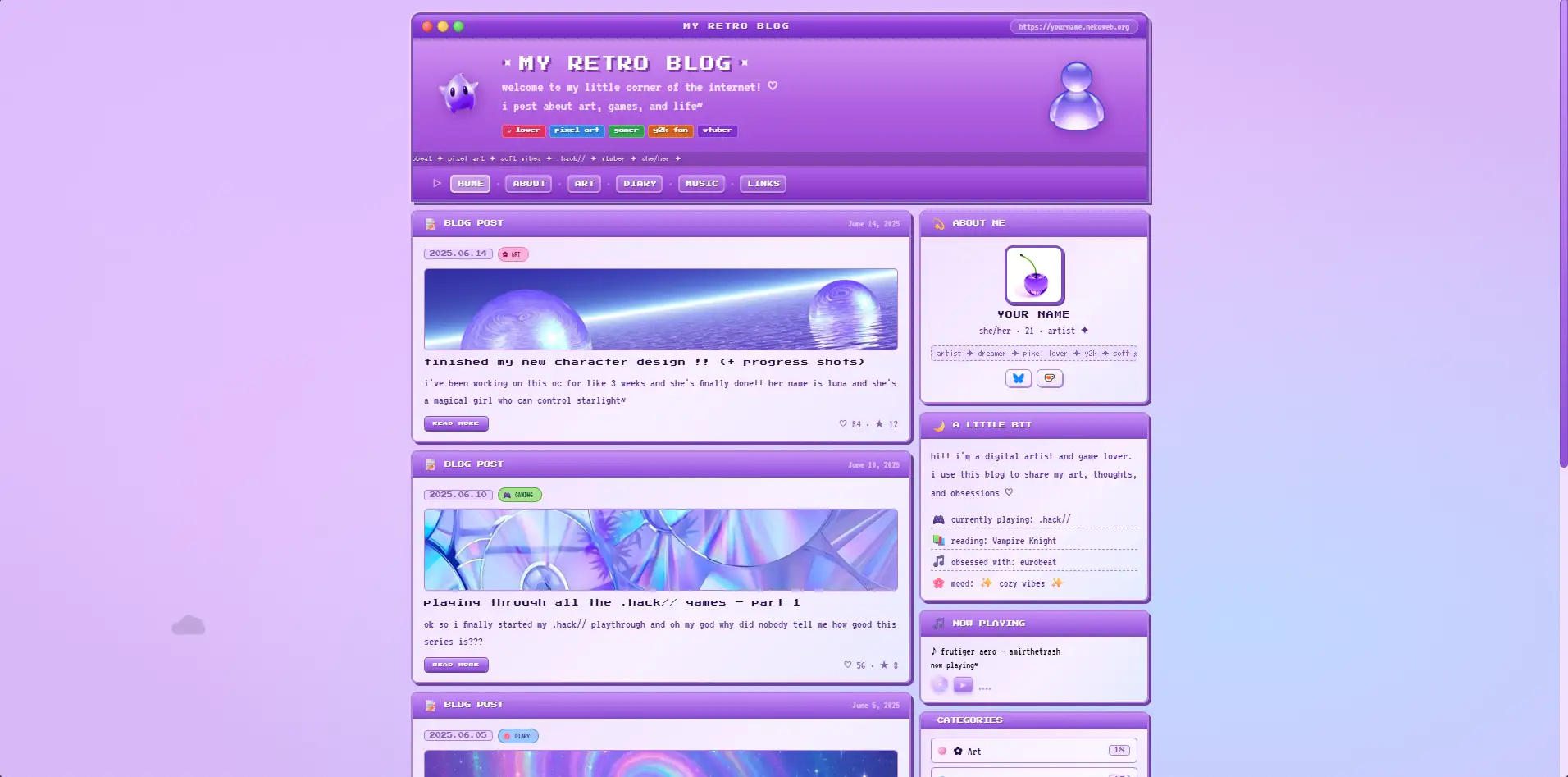 Purple Frutiger Aero retro blog template with a glossy violet header, MSN-style avatar, blog post cards and a now playing widget