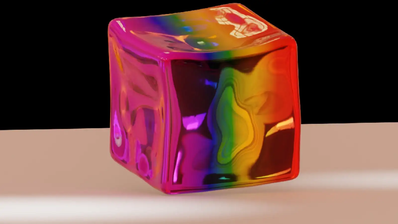 Translucent rainbow jelly cube 3D model wobbling on a light background, view 2