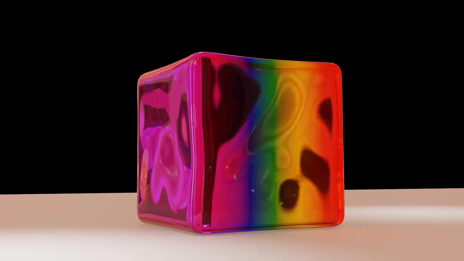 Translucent rainbow jelly cube 3D model wobbling on a light background, view 3