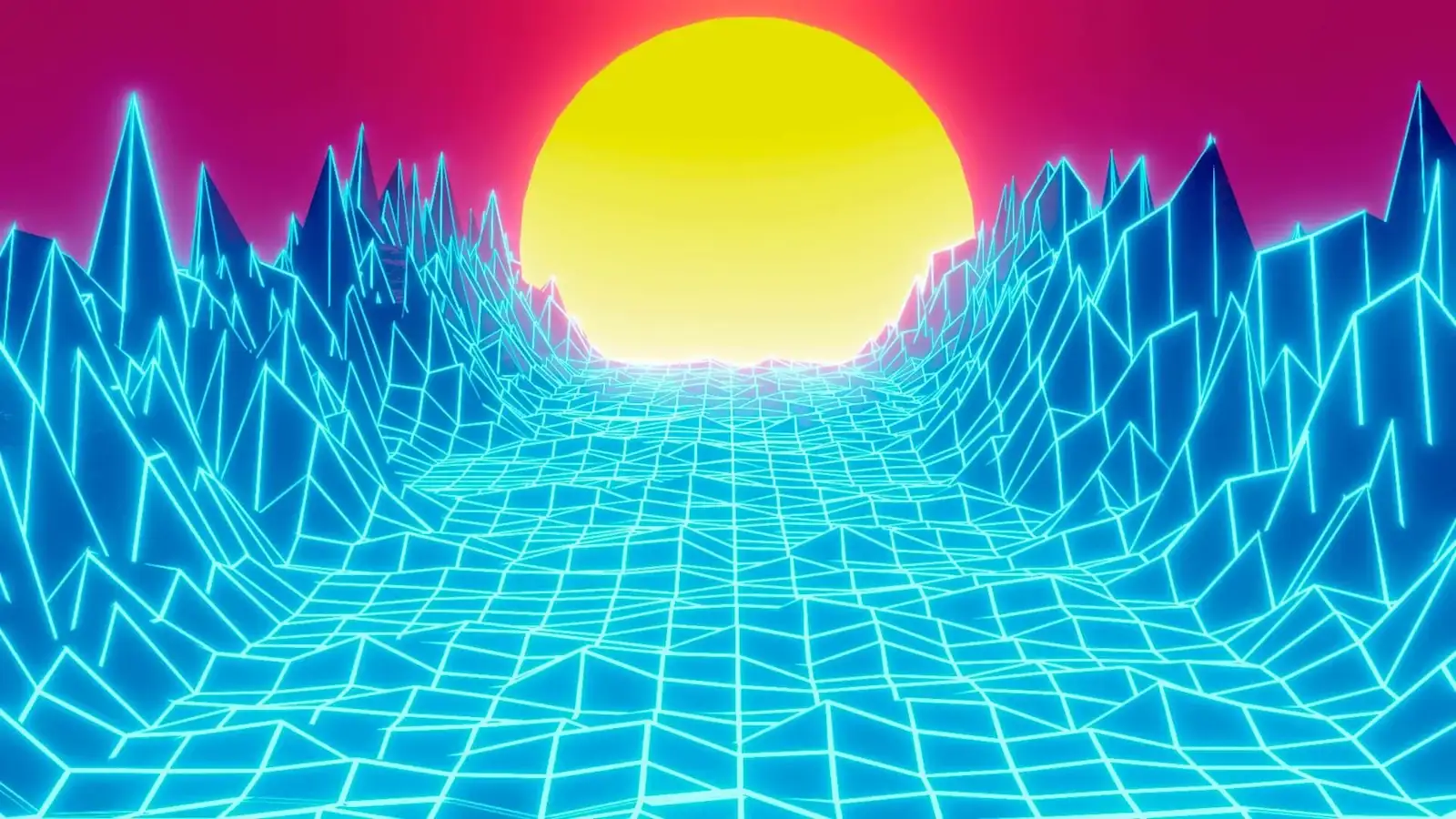 Animated retrowave scene with a striped neon sun over a glowing grid, view 2