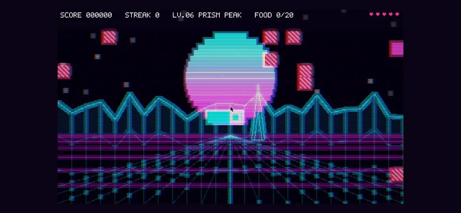 SERPERWAVE title screen: a vaporwave snake game with a neon synthwave sun, pink glitch logo and screenshots of its neon levels, view 2