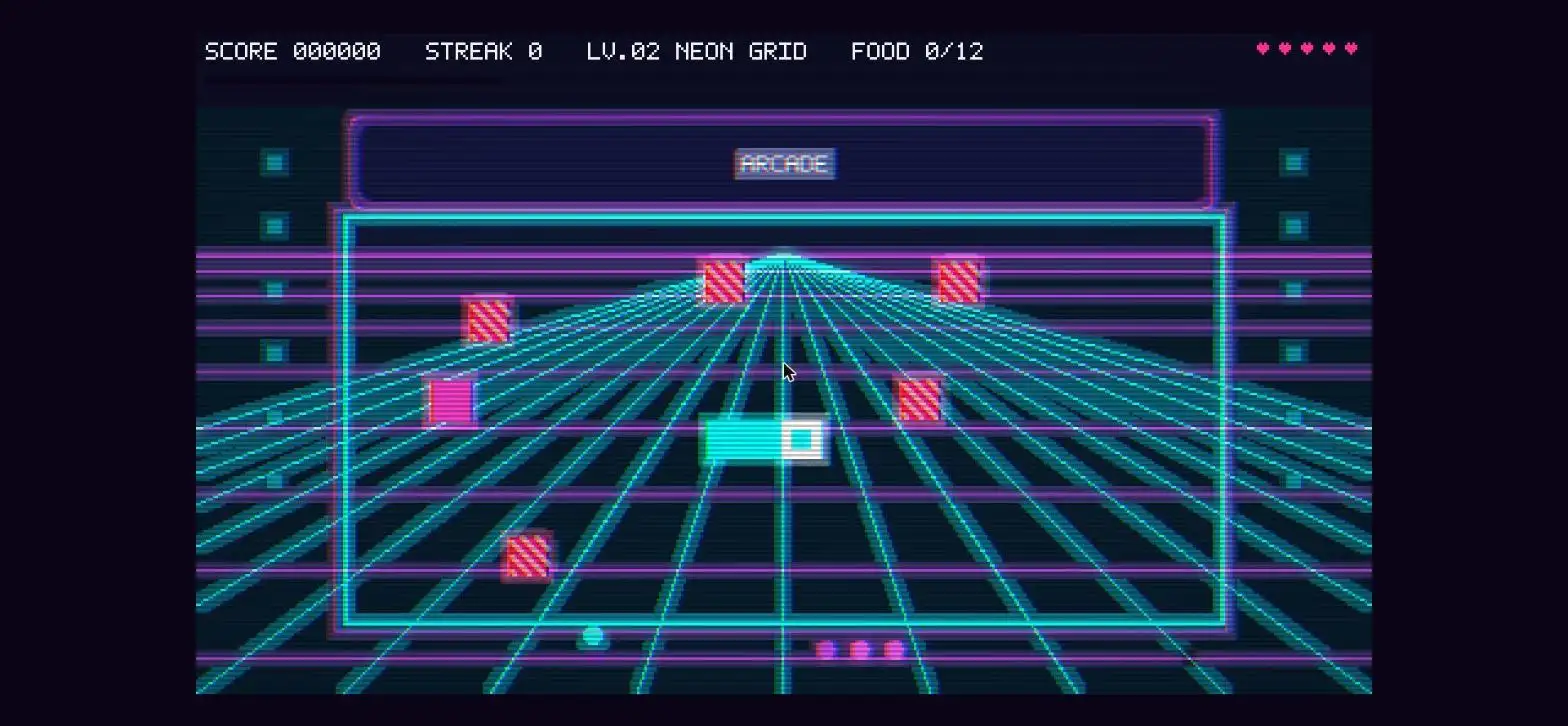 SERPERWAVE title screen: a vaporwave snake game with a neon synthwave sun, pink glitch logo and screenshots of its neon levels, view 3