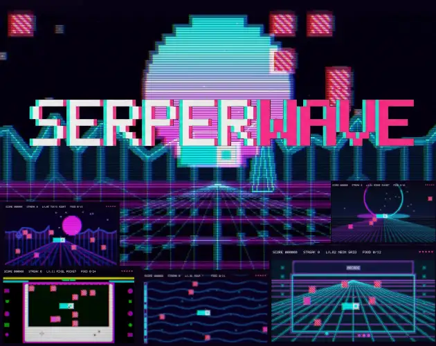 SERPERWAVE title screen: a vaporwave snake game with a neon synthwave sun, pink glitch logo and screenshots of its neon levels