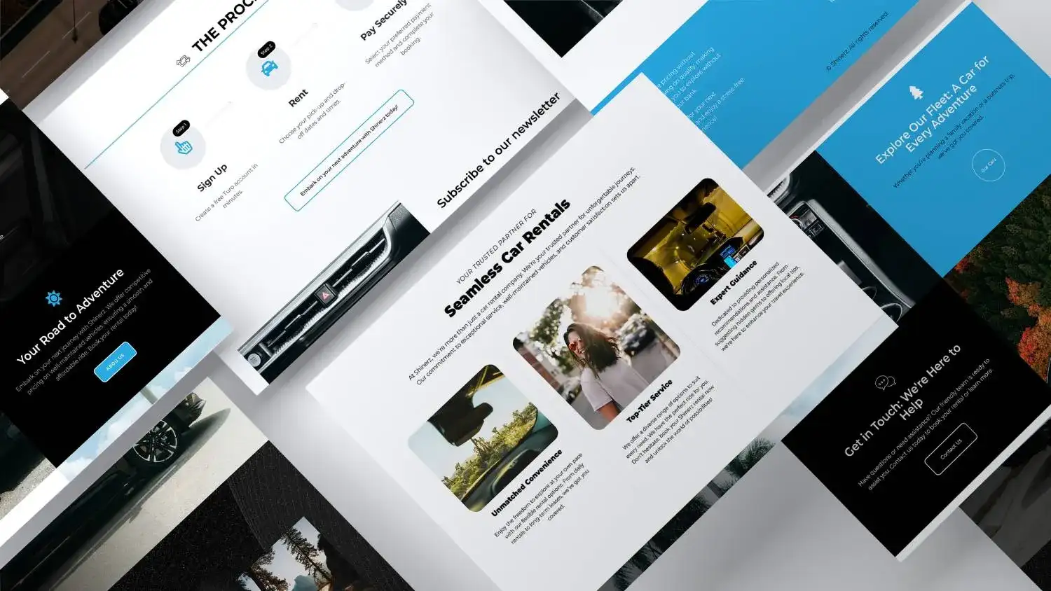 Layout sections of the Shinerz car rental site, showing the Turo booking handoff and typography system.
