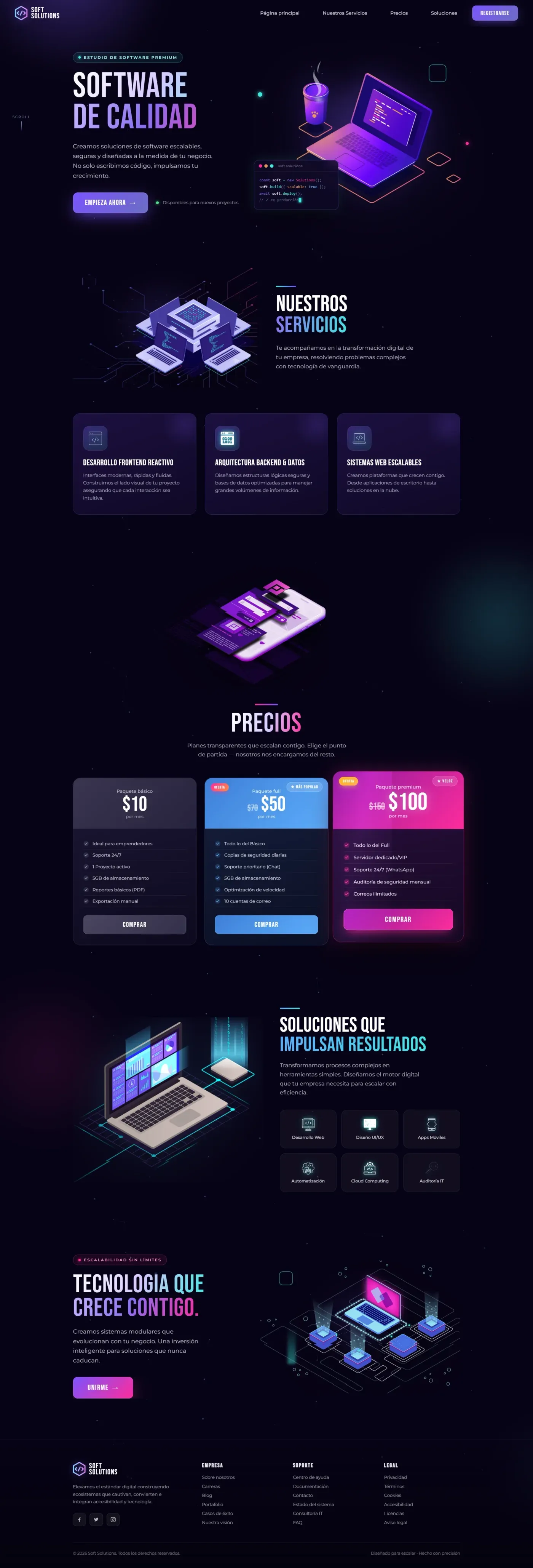 Hero area of the rebuilt Soft Solutions page, pairing an isometric illustration with a code editor mockup and trust badges.