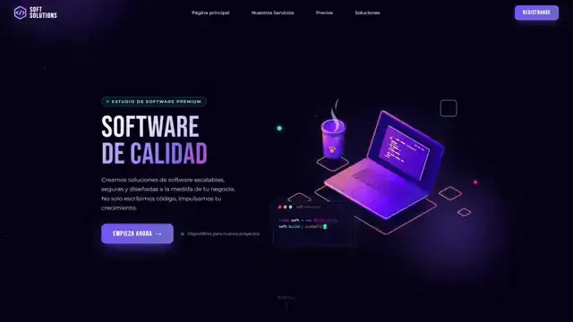 Soft Solutions homepage after the dark mode rebuild, with neon cyan and magenta accents over a near-black background.