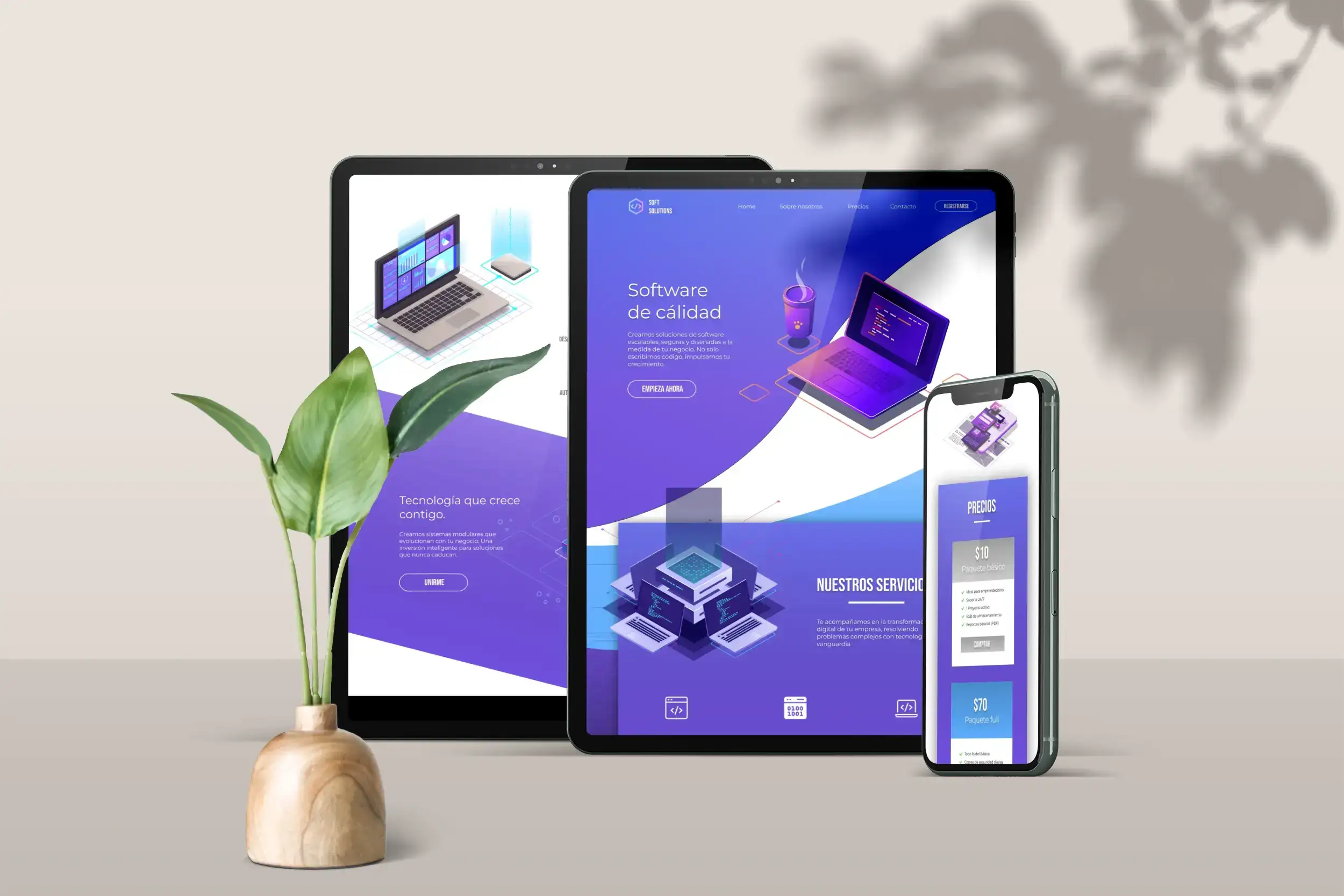 Soft Solutions landing page interface by Grecia V., with a minimalist purple palette, geometric shapes and a clean layout for a software agency.