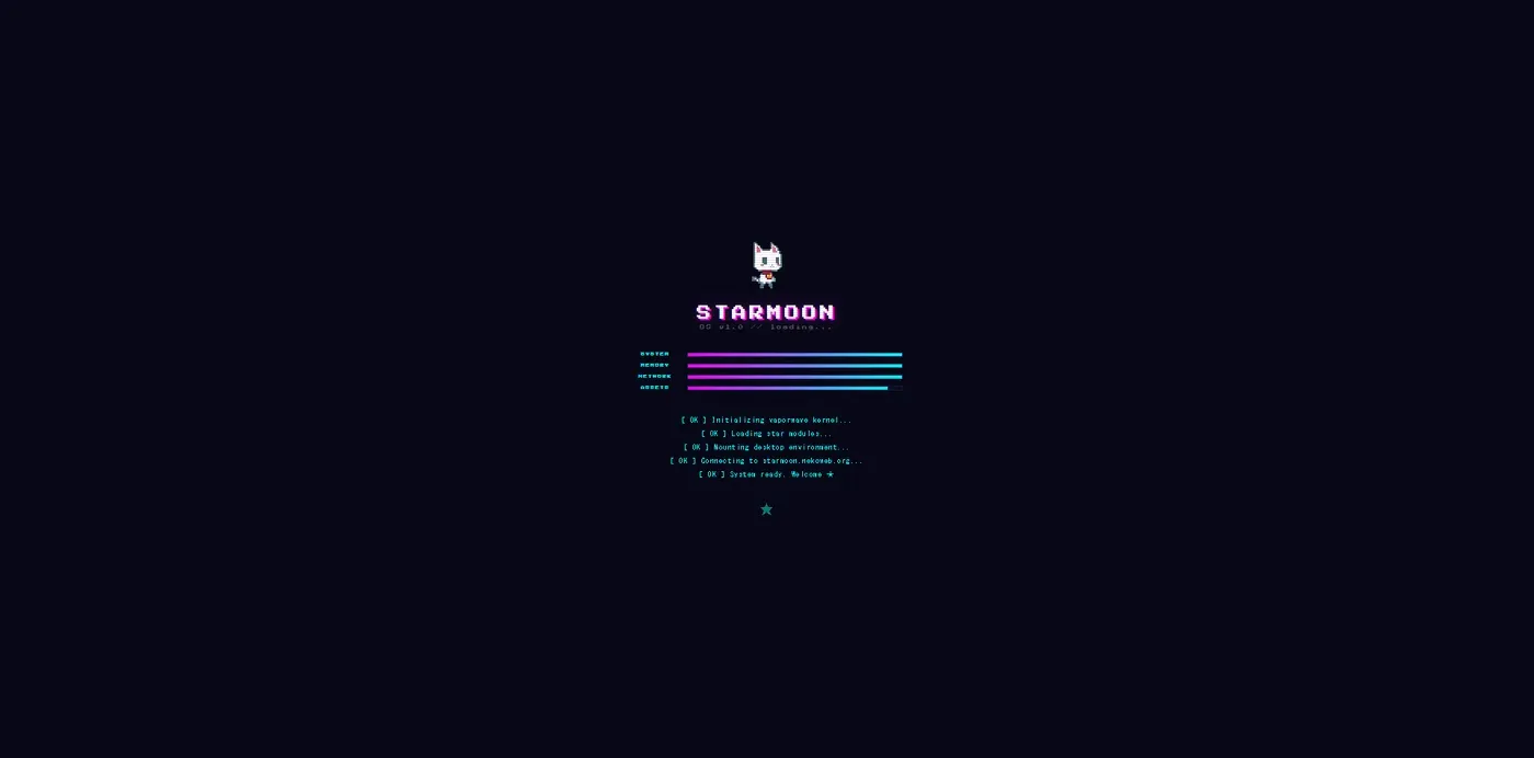 Pantalla de arranque del simulador de sistema operativo retro Starmoon, con mascota en pixel art, barras de carga y registro de inicio del sistema