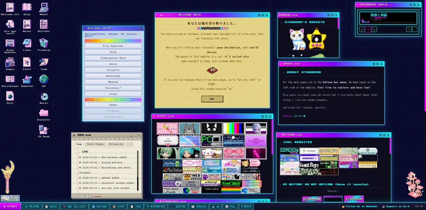 Escritorio de Starmoon mostrando la nota de bienvenida, el asistente de navegación, la ventana de colecciones y la barra de tareas