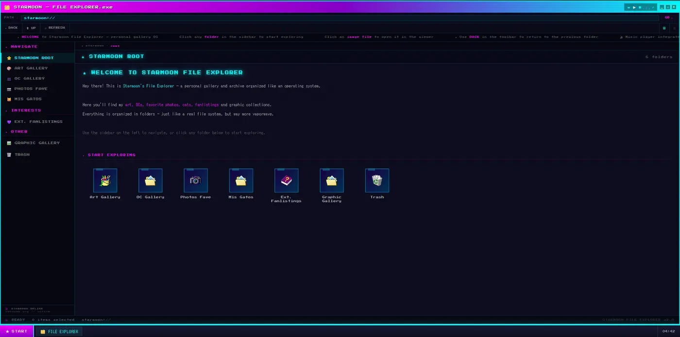 Aplicación de explorador de archivos de Starmoon con navegación lateral, ruta de migas y rejilla de carpetas, con estética de sistema operativo retro