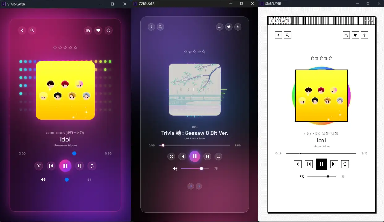 STARPLAYER ad-free desktop music player in three skins: a purple glass song list, a retro pixel album grid and a soft glass now playing screen, view 2