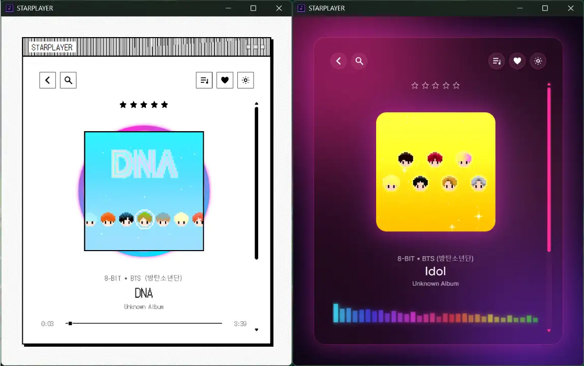 STARPLAYER ad-free desktop music player in three skins: a purple glass song list, a retro pixel album grid and a soft glass now playing screen, view 3