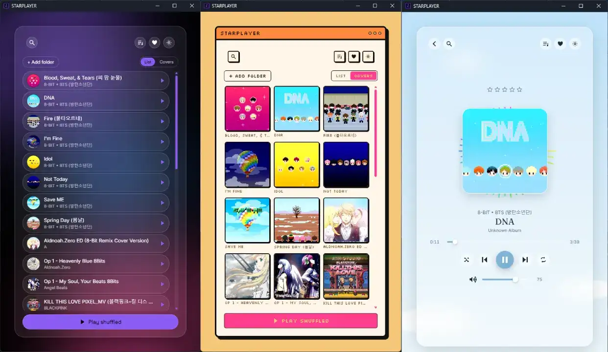 STARPLAYER ad-free desktop music player in three skins: a purple glass song list, a retro pixel album grid and a soft glass now playing screen