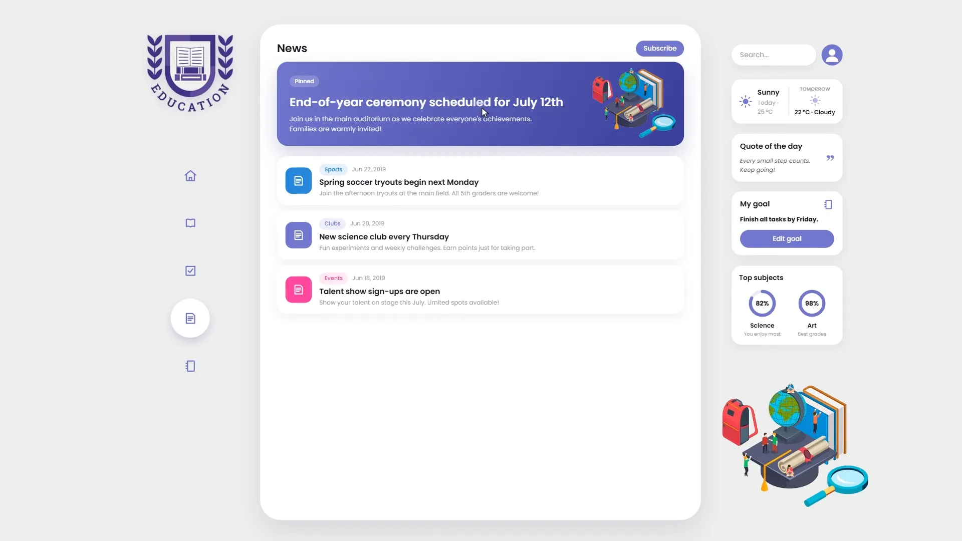 Tablón de noticias y anuncios en un portal de estudiante.