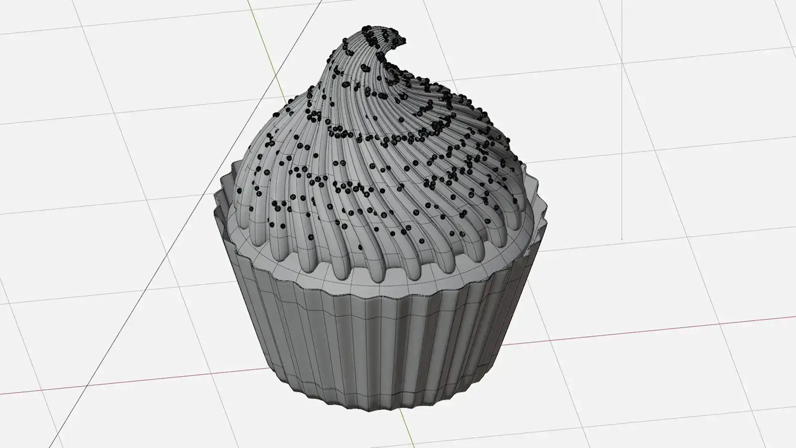 Stylized pink cupcake 3D model with frosting and sprinkles, view 3