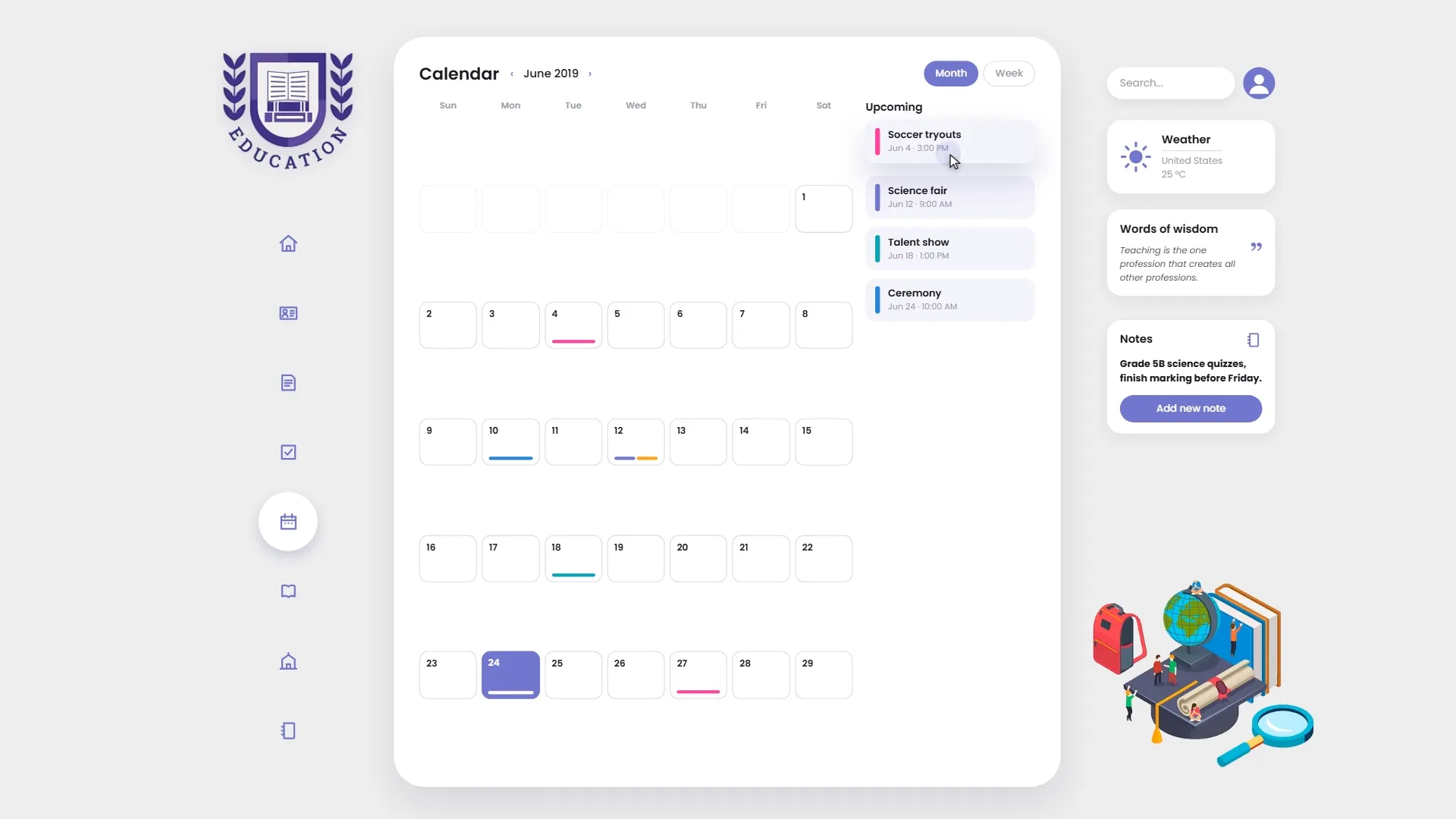 Interfaz de calendario escolar y planificador de eventos para una plataforma educativa.