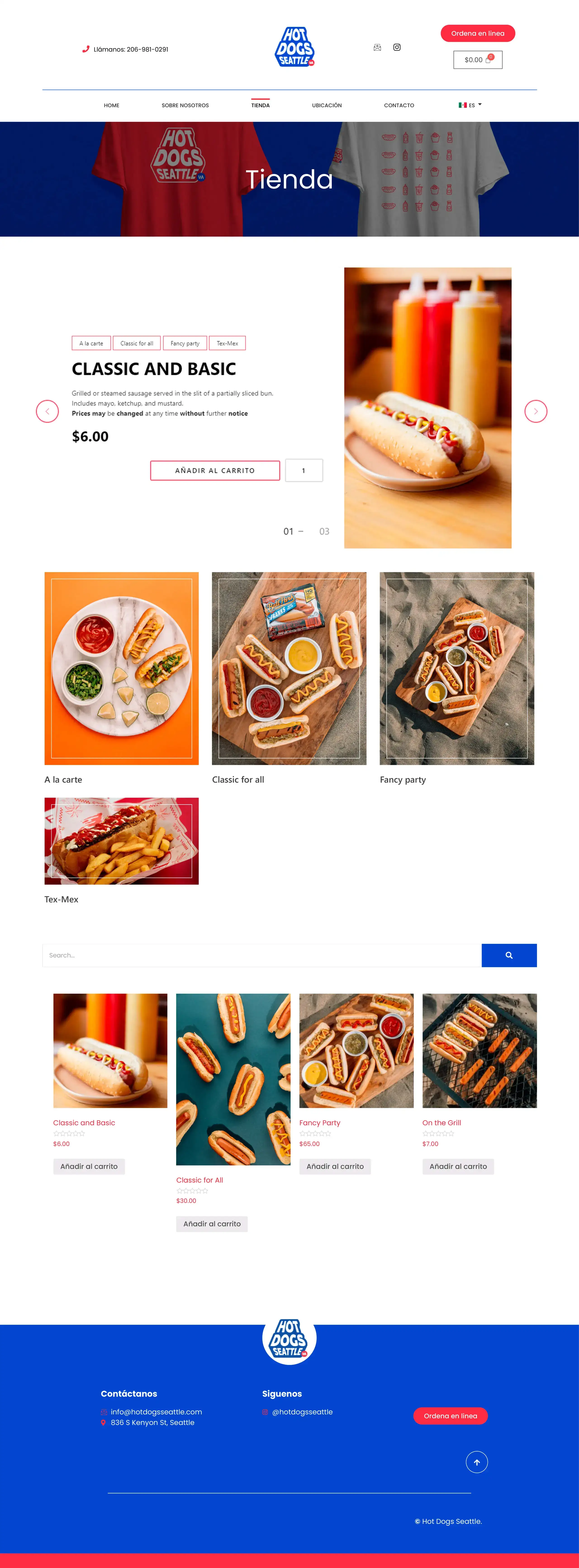 Interactive hot dog menu and shop interface for Hot Dog Seattle, with topping customisation and mobile ordering.