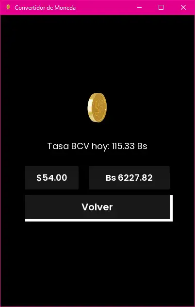 USD to VES currency converter desktop app with buttons to convert dollars to bolívars and check today's BCV rate, view 2