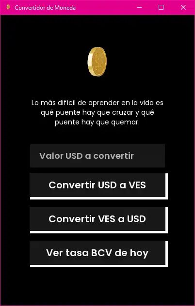 USD to VES currency converter desktop app with buttons to convert dollars to bolívars and check today's BCV rate