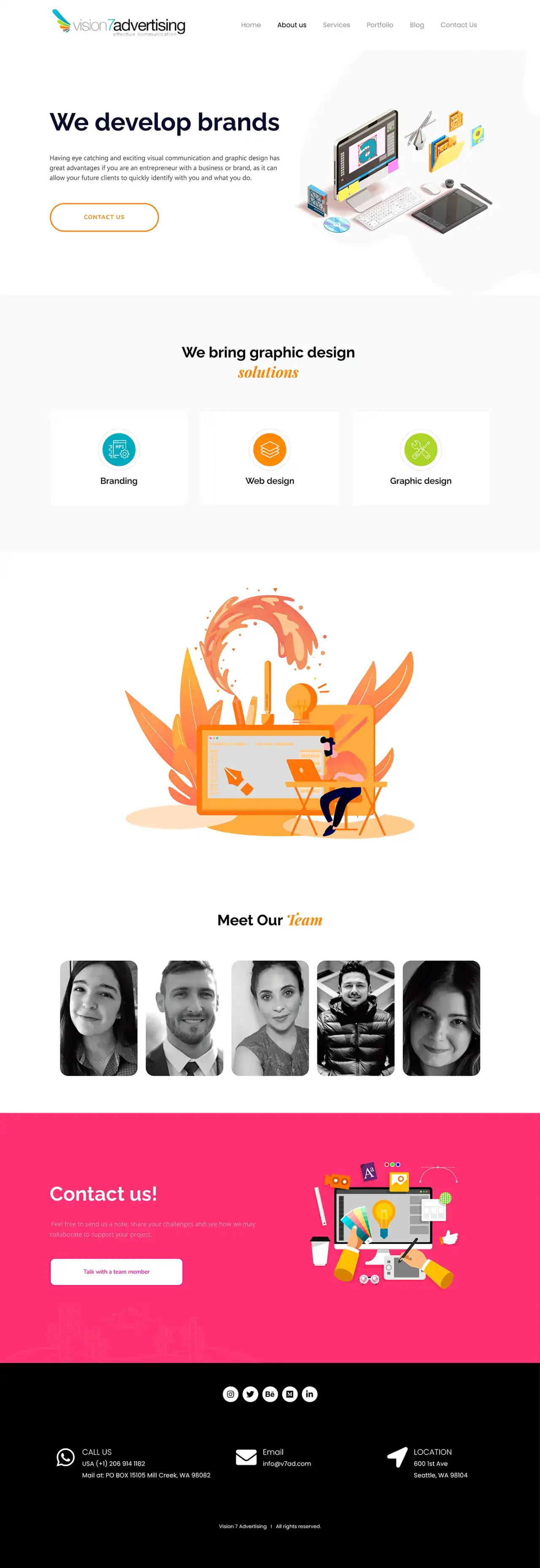 About Us section for V7ad agency, presenting their positioning and digital presence for creative entrepreneurs.