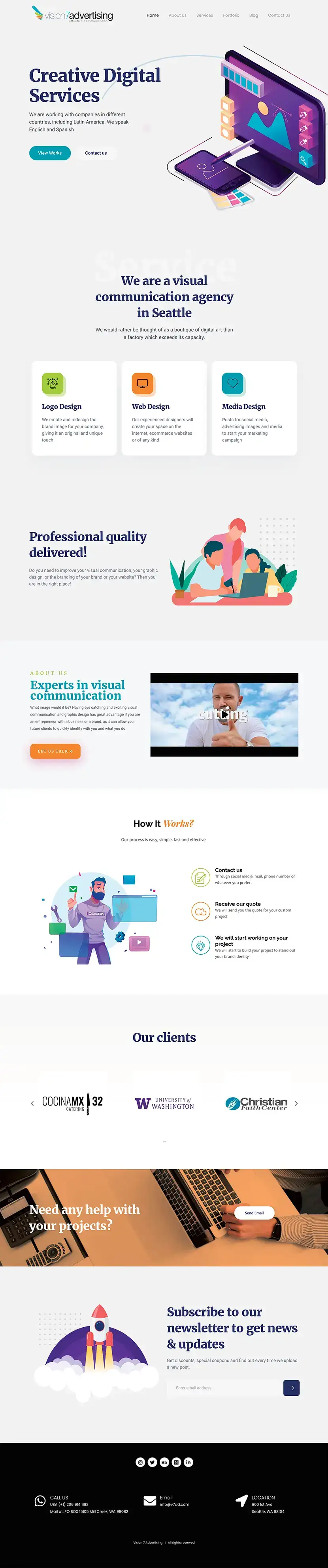 V7ad creative agency home page with a dark interface and a landing page architecture built in Elementor.