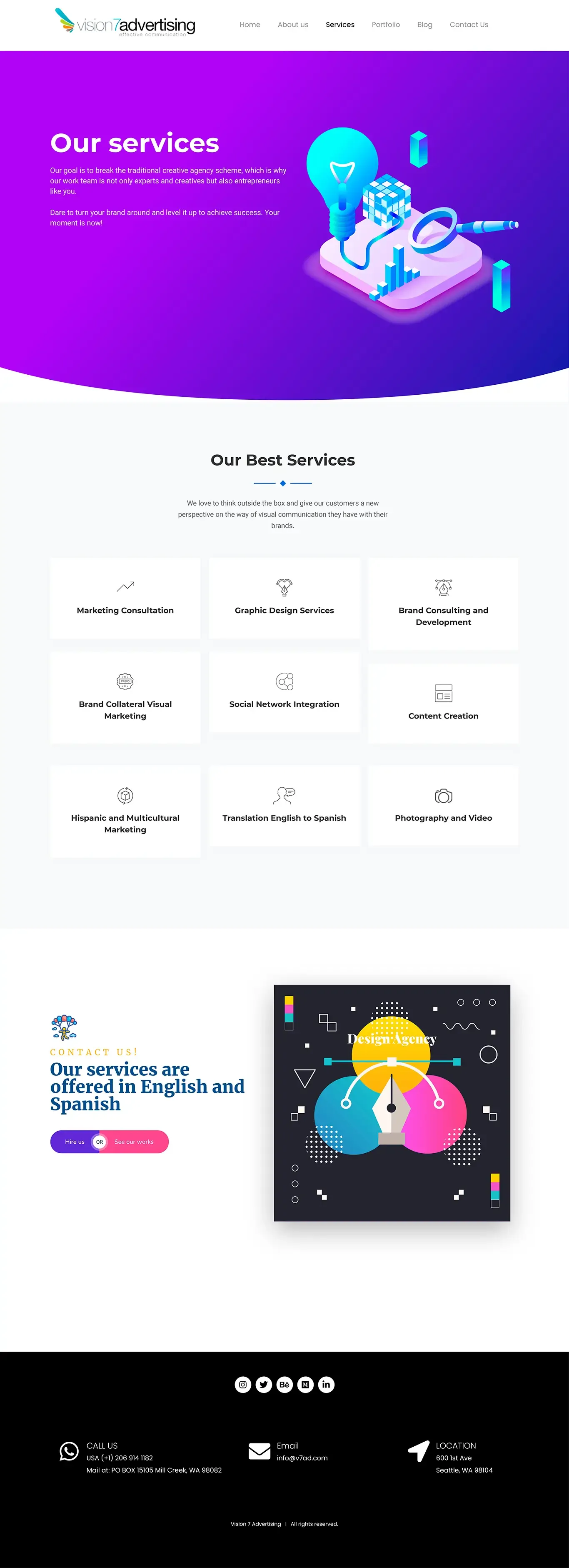 Interactive services section for V7ad, showcasing UI/UX strategy and custom web development solutions for startups.
