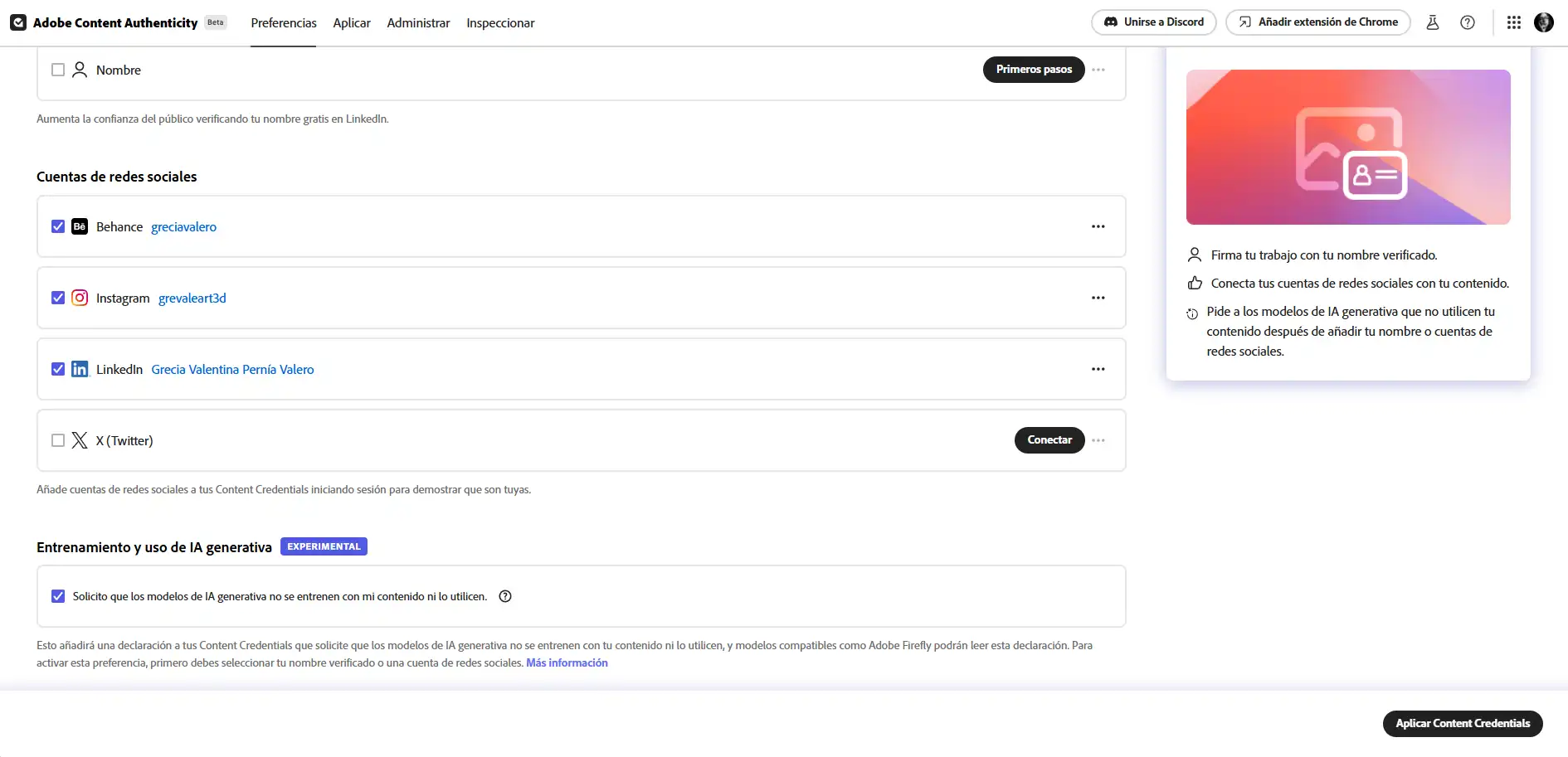Adobe Content Authenticity preferences panel with verified social accounts and the option to opt out of generative AI training and usage.
