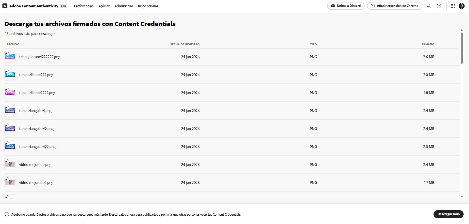 Adobe Content Authenticity dashboard showing signed files ready to download with Content Credentials applied, protecting artwork from AI training.
