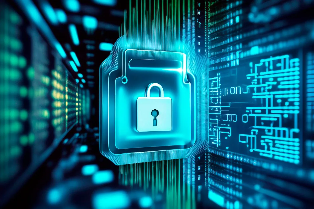 Glowing digital padlock over a circuit board, symbolizing content authenticity, copyright protection, and security against AI training scrapers.