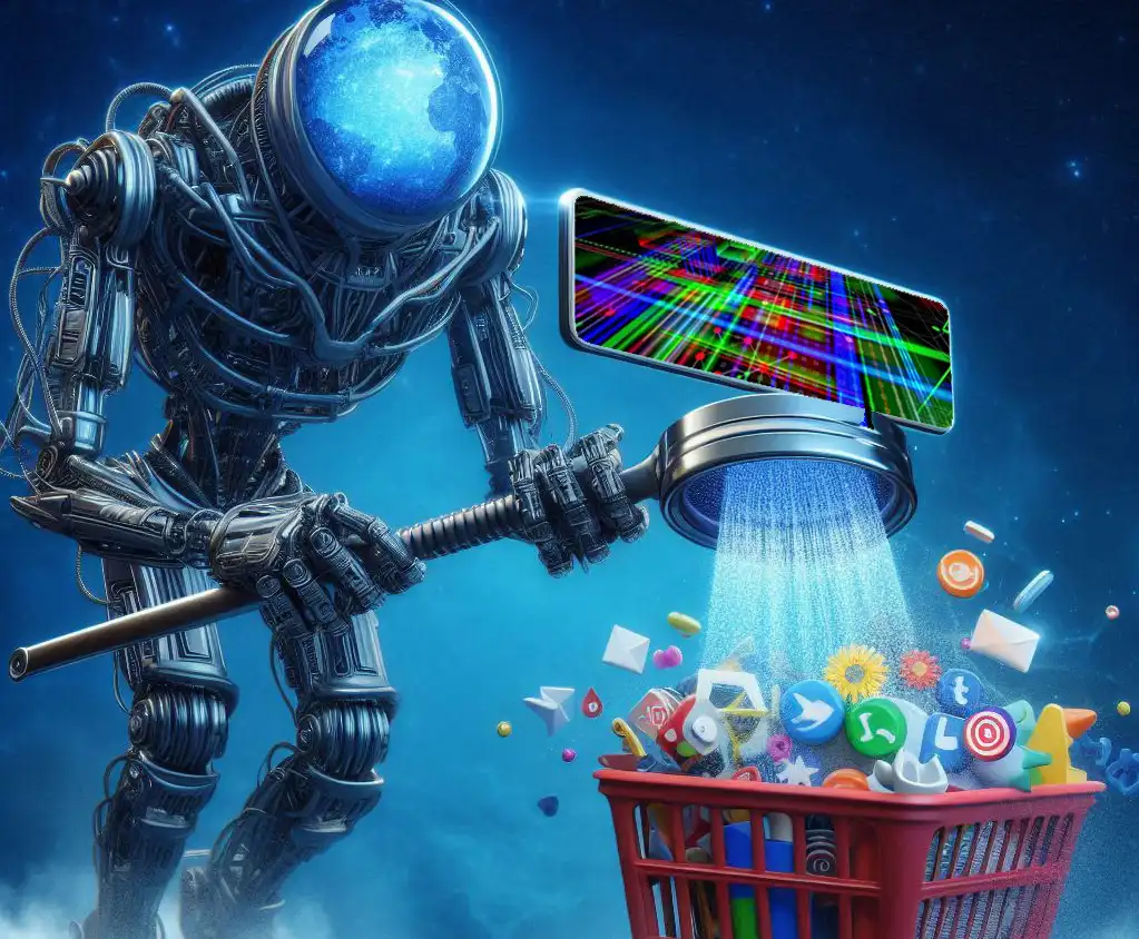 Futuristic blue AI robot with a shopping cart, representing automated data collection and AI models scraping creative content from the web.