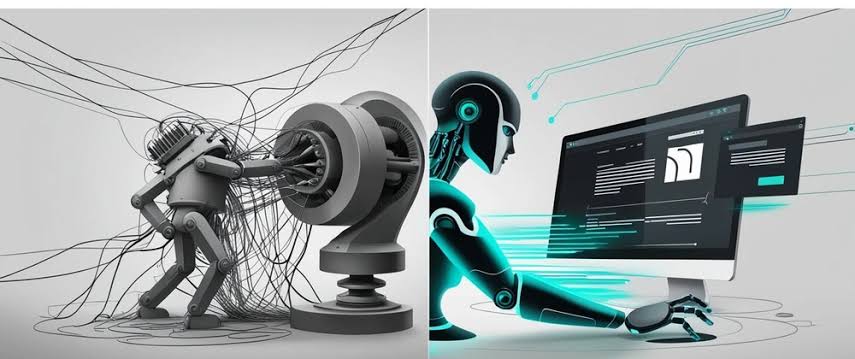 Robotic arm connected to a laptop with gear icons, representing AI training pipelines that scrape artwork from online portfolios and galleries.