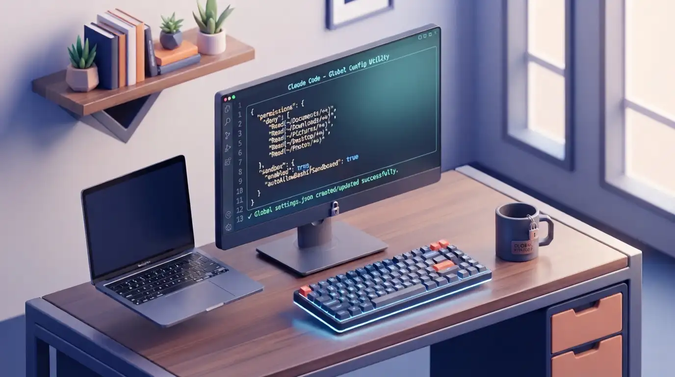A clean workspace featuring a computer monitor displaying a JSON configuration file for managing global permissions in Claude Code