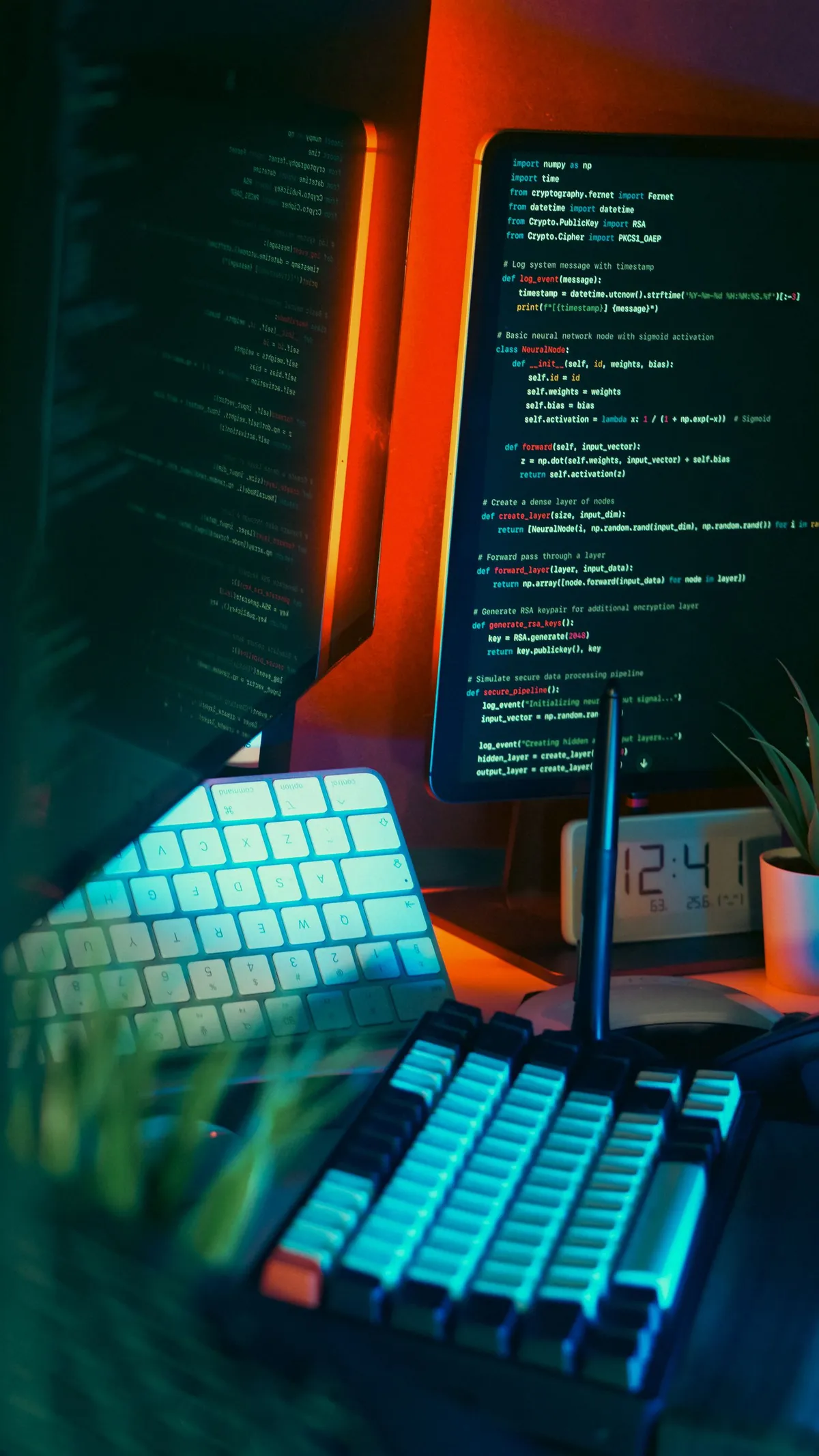 A developer workspace with illuminated keyboard and multiple screens showing terminal output and code, representing the local command line bridge between an AI assistant and Figma