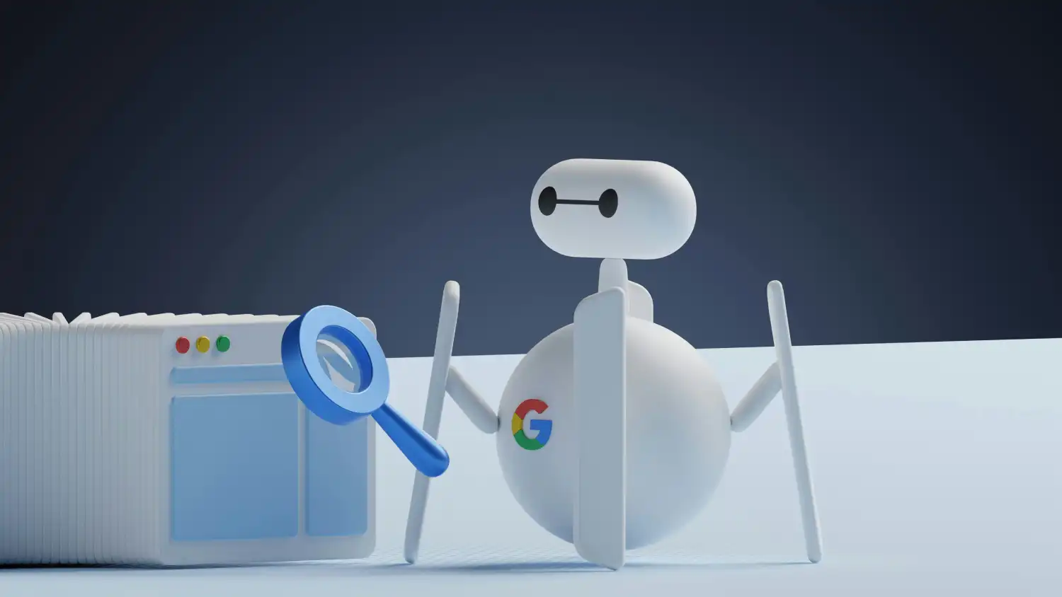 A stylized robot character holding a magnifying glass next to a website interface, representing automated web crawling and search engine indexing processes.