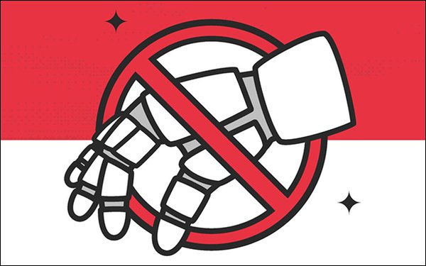 Red prohibition symbol over an AI robotic hand, representing the fight against AI art theft and unauthorized use of creative work for training.