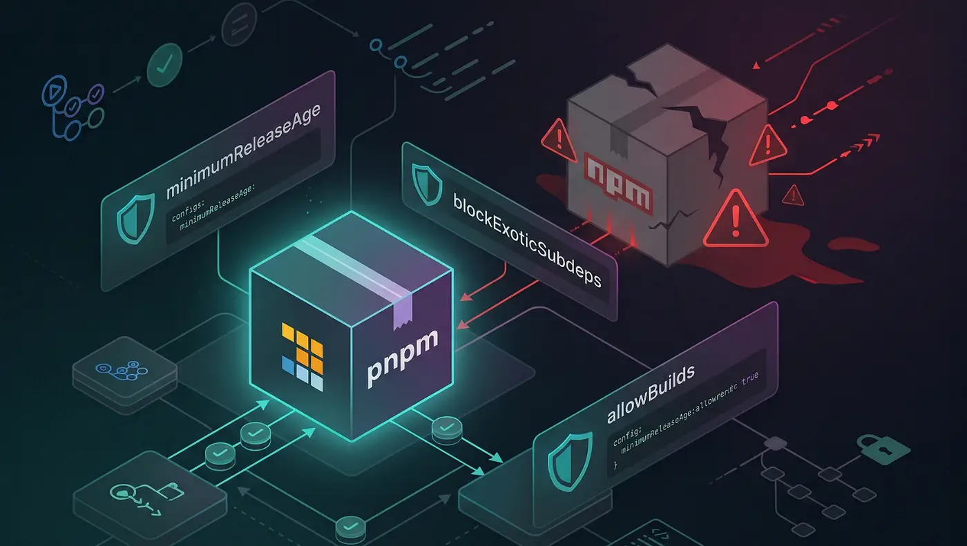 Visual Studio Code screenshot showing a pnpm vs npm blog post about Node.js package management, software supply chain security, and modern JavaScript development.