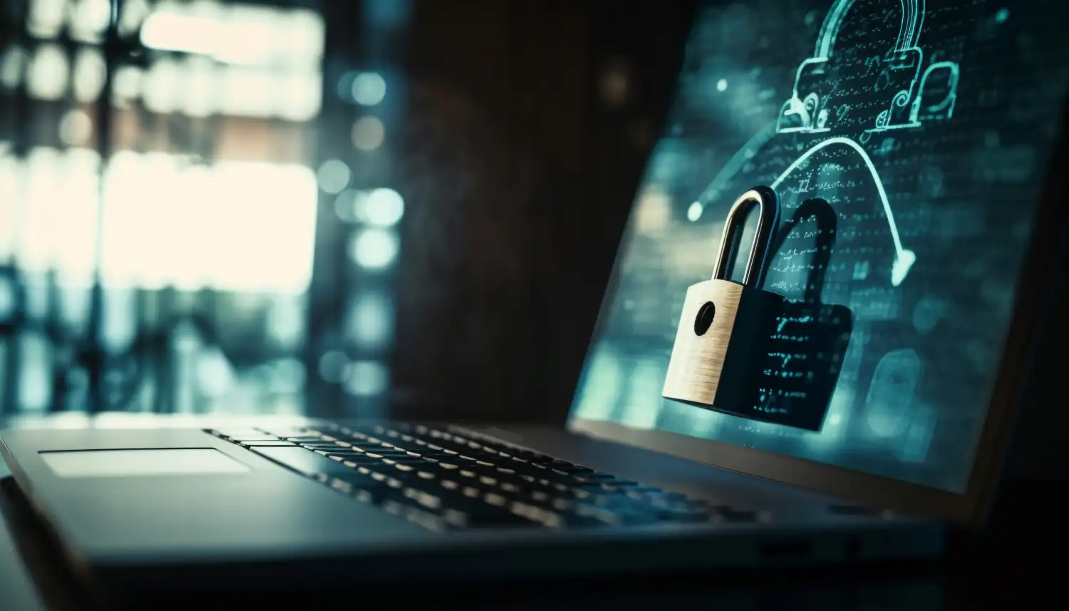 A laptop screen displaying digital security icons, representing strategies to protect website content and online creative work from unauthorized AI scraping.