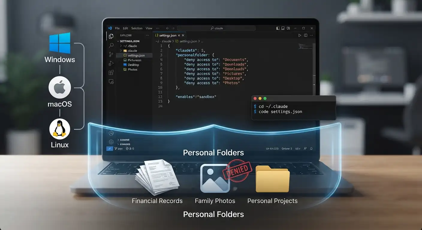 A laptop displaying code editor settings with a protective digital barrier, illustrating how to restrict Claude Code access to personal folders.