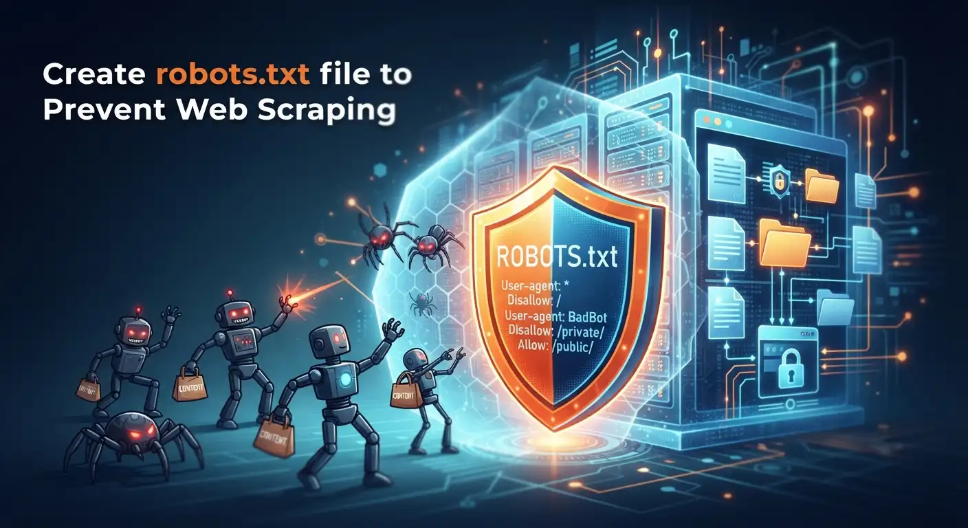 A digital illustration of a shield labeled robots.txt blocking small robot spiders, illustrating how to prevent web scraping and manage AI crawler access.