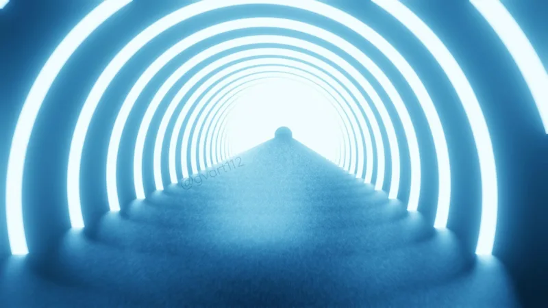 Shiny circular neon tunnel 3D model with glowing rings